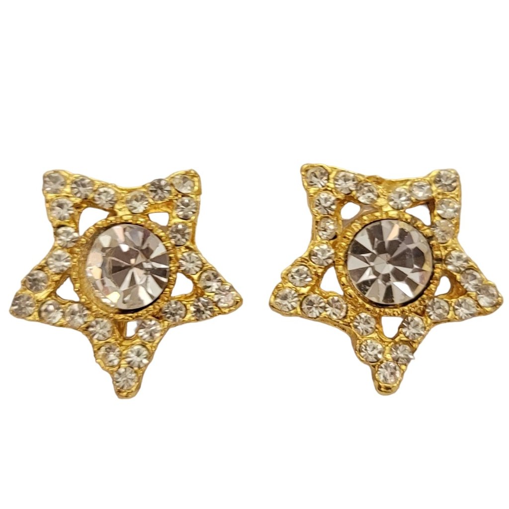 Dauplaise Gold Tone Clear Rhinestone Open Star Clip-On Earrings, Signed E310